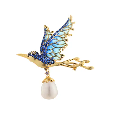 C00494 925 Sterling S&oslash;lv Perle Birdie Emaljebroche