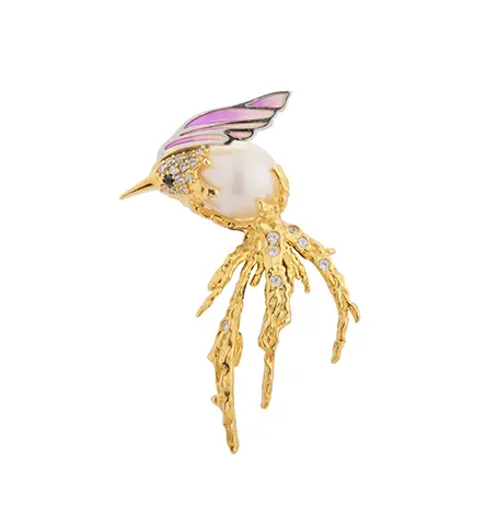 C00508 925 Sterling S&oslash;lv Perle Birdie Emaljebroche