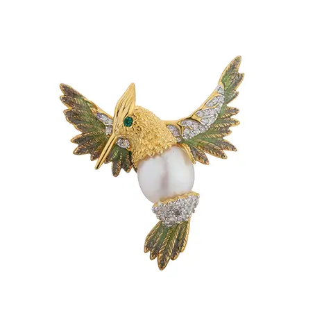 C00594 925 Sterling S&oslash;lv Perle Birdie Emaljebroche