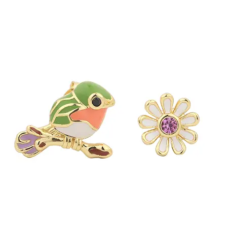 E07859 925 Sterling S&oslash;lv Birdie og Blomst Emalje &Oslash;rering