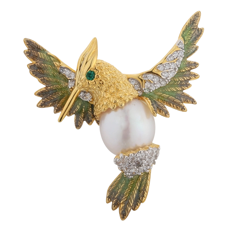 C00594 925 Sterling S&oslash;lv Perle Birdie Emaljebroche